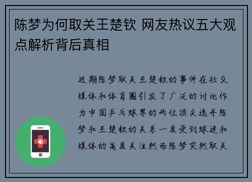 陈梦为何取关王楚钦 网友热议五大观点解析背后真相