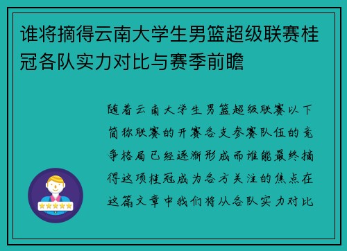 谁将摘得云南大学生男篮超级联赛桂冠各队实力对比与赛季前瞻