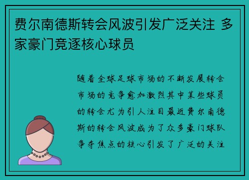 费尔南德斯转会风波引发广泛关注 多家豪门竞逐核心球员